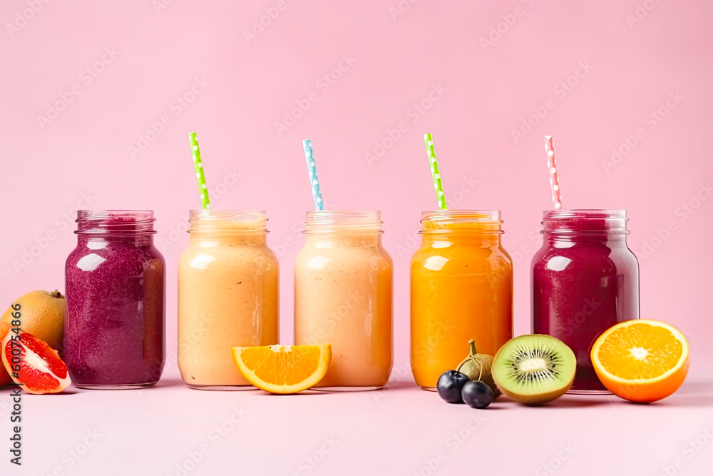 Colorful smoothies with fresh fruit ingredients. Healthy milkshake drinks at summer with vacation vibes background. Beverage banner of healthy food for breakfast and snack. Generative AI. Colorful smoothies with fresh fruit ingredients. Healthy milkshake drinks at summer with vacation vibes background. Beverage banner of healthy food for breakfast and snack. Generative AI.