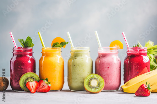 Colorful smoothies with fresh fruit ingredients. Healthy milkshake drinks at summer with vacation vibes background. Beverage banner of healthy food for breakfast and snack. Generative AI.