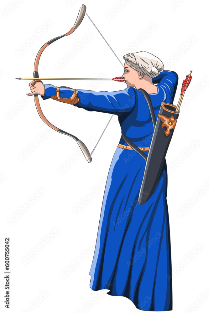 Vector drawing of an archer girl in a blue medieval dress and headdress.
