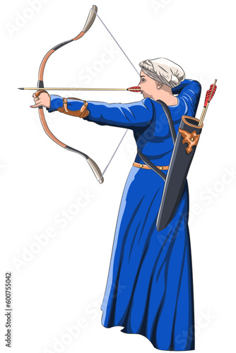 Vector drawing of an archer girl in a blue medieval dress and headdress.
