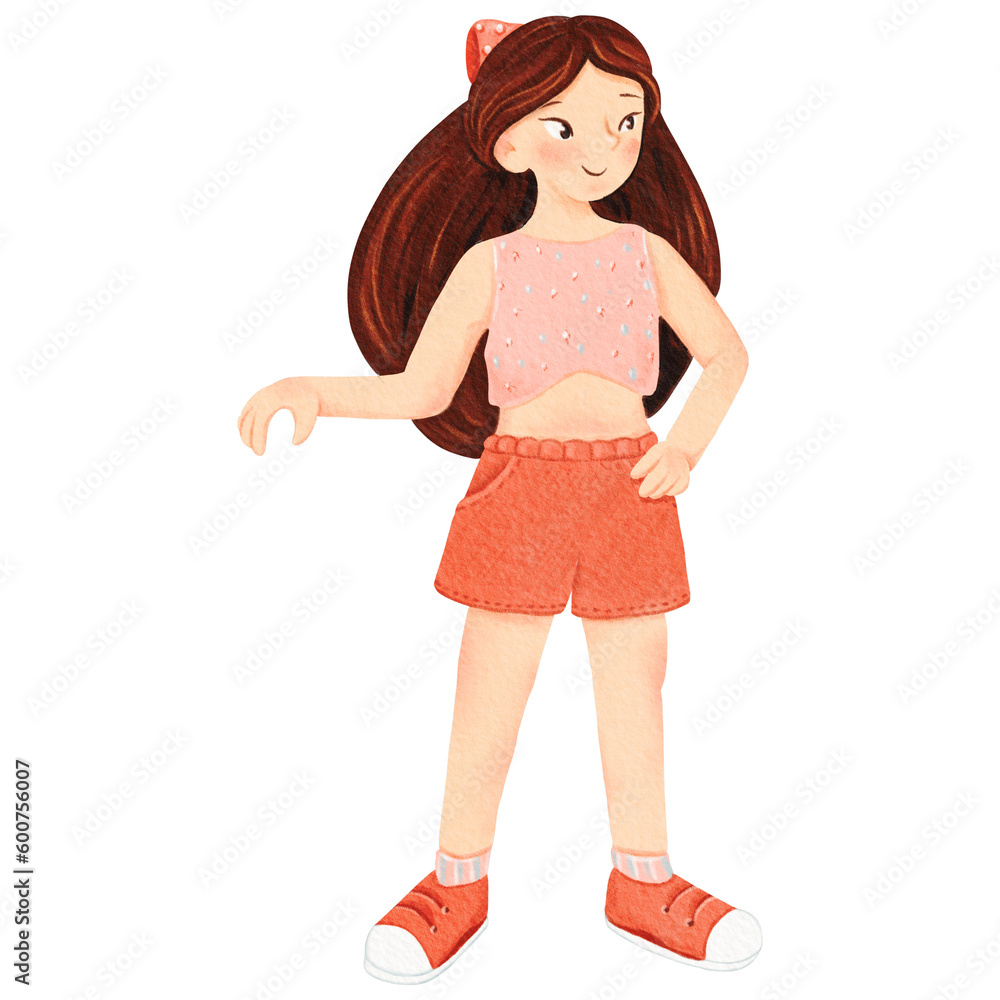 A pretty smiling confident girl in shorts is standing. Isolated watercolor illustration of a teenager. Brunette with a front view. For workbook, notepad, writing pad, printing, scrapbooking, design A pretty smiling confident girl in shorts is standing. Isolated watercolor illustration of a teenager. Brunette with a front view. For workbook, notepad, writing pad, printing, scrapbooking, design