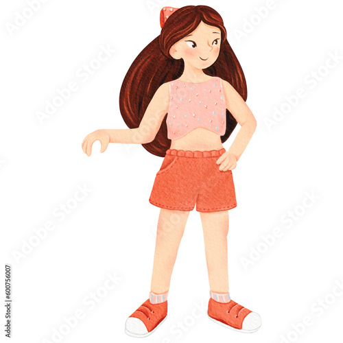 A pretty smiling confident girl in shorts is standing. Isolated watercolor illustration of a teenager. Brunette with a front view. For workbook, notepad, writing pad, printing, scrapbooking, design