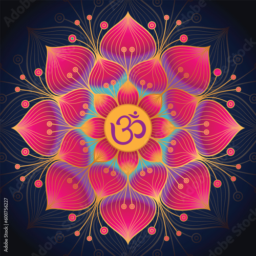 Colored om lotus mandala flower on dark background. Vector illustration line drawing