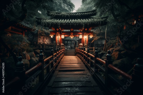 Photograph of Taiko Bridge at the Sumiyoshi Shrine in Osaka, Japan. Generative AI