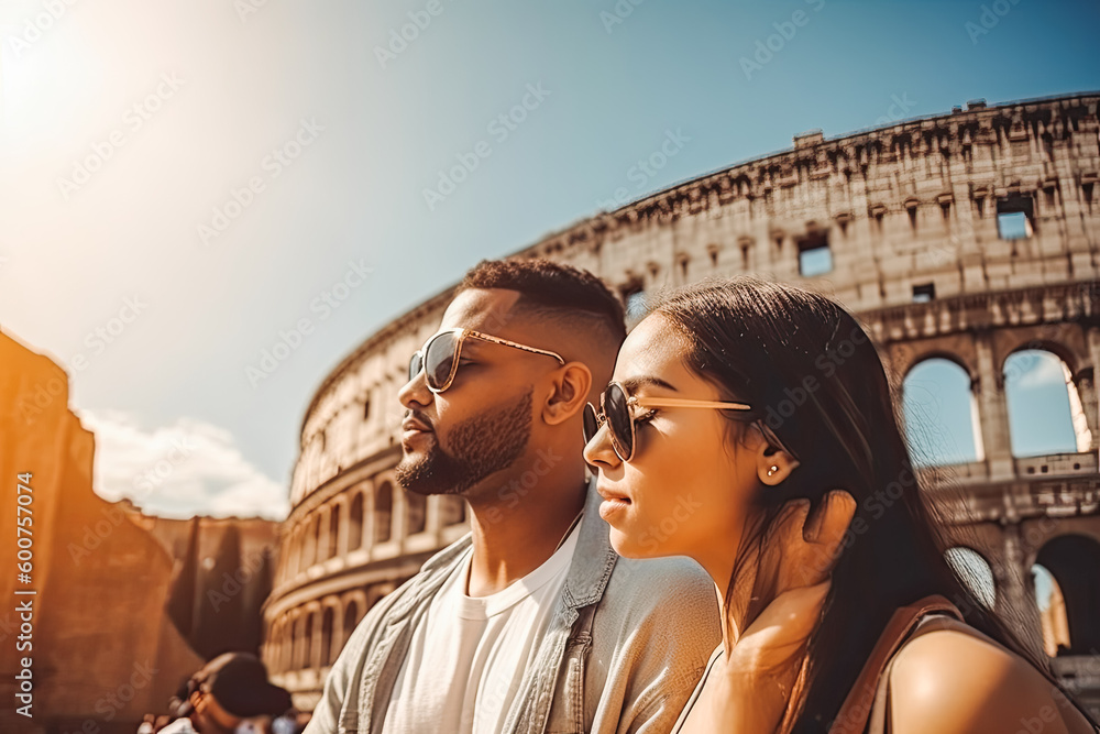 Rome travel destination. Tourist couple in sunny city beautiful urban landscape view. Generative AI.