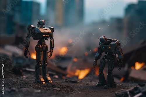 Robots observing a burned city. Generative AI