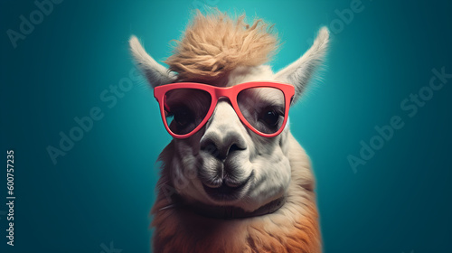 Portrait lustiges Lama trägt eine Sonnenbrille. Generative AI © elekksmedia