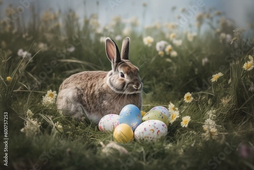 Easter bunny in meadow with eggs, flowers  greeting card. Generative AI © Kalila