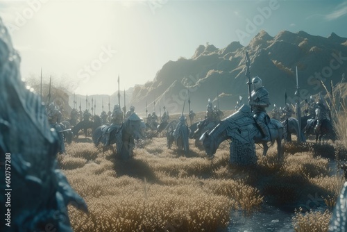 a battlefield with knights and dragons. Generative AI