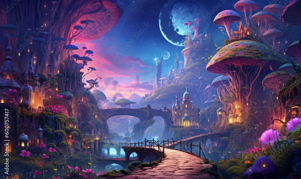 Obraz premium Fantasiedorf in einer magischen Welt bei Nacht, Illustration, generative KI