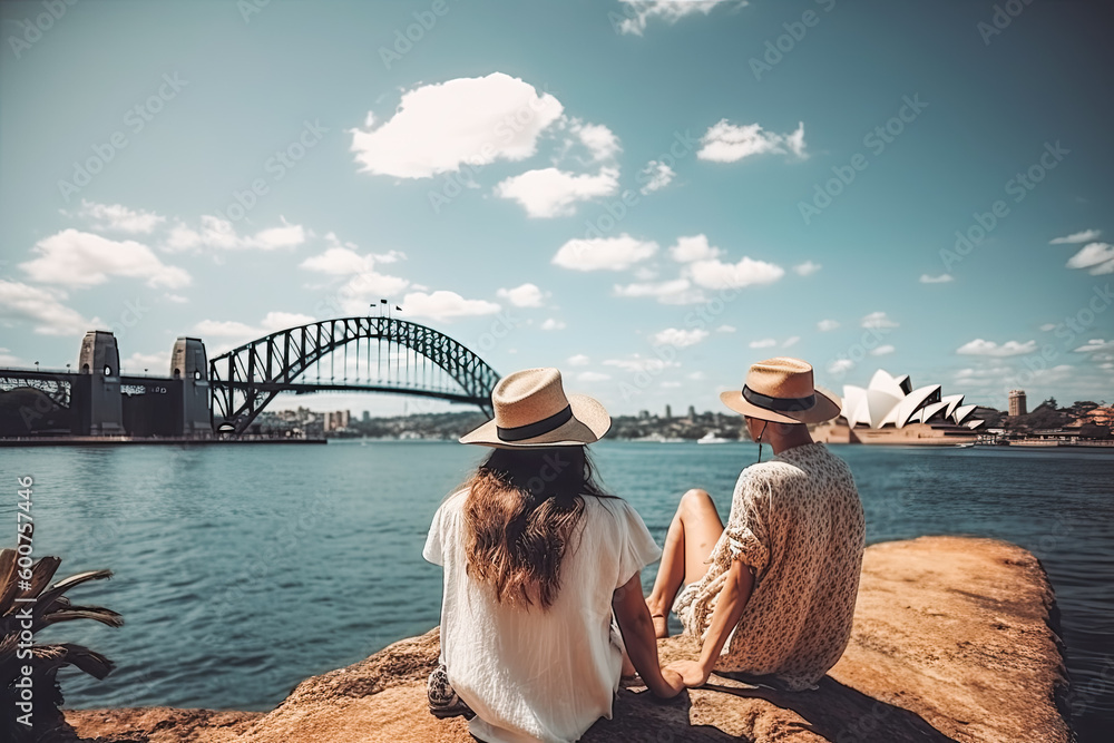 Obraz premium Sydney travel destination. Tourist couple in sunny city beautiful urban landscape view. Generative AI.