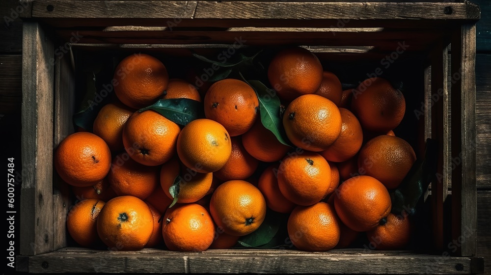 Oranges in a wooden box, Generative AI