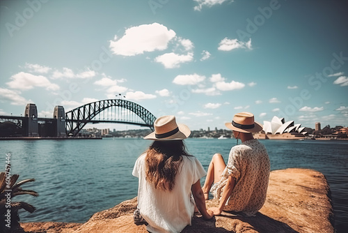 Sydney travel destination. Tourist couple in sunny city beautiful urban landscape view. Generative AI.