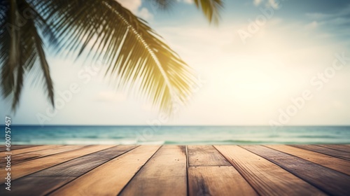 Empty wooden table top product display showcase stage. Tropical summer, palm trees, white sand and blue ocean in the background. Generative AI 