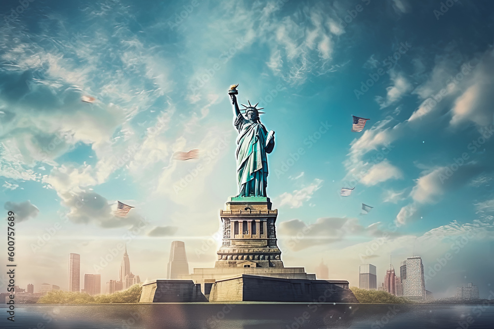 Obraz premium New Your statue of liberty travel destination. Tourist couple in sunny city beautiful urban landscape view. Generative AI.
