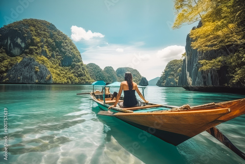 Palawan Philippines boat travel destination. Tourist couple on sunny sandy beach with beautiful landscape. Generative AI.