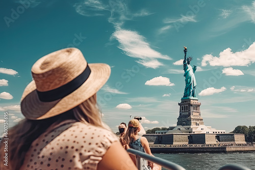 New Your statue of liberty travel destination. Tourist couple in sunny city beautiful urban landscape view. Generative AI. photo