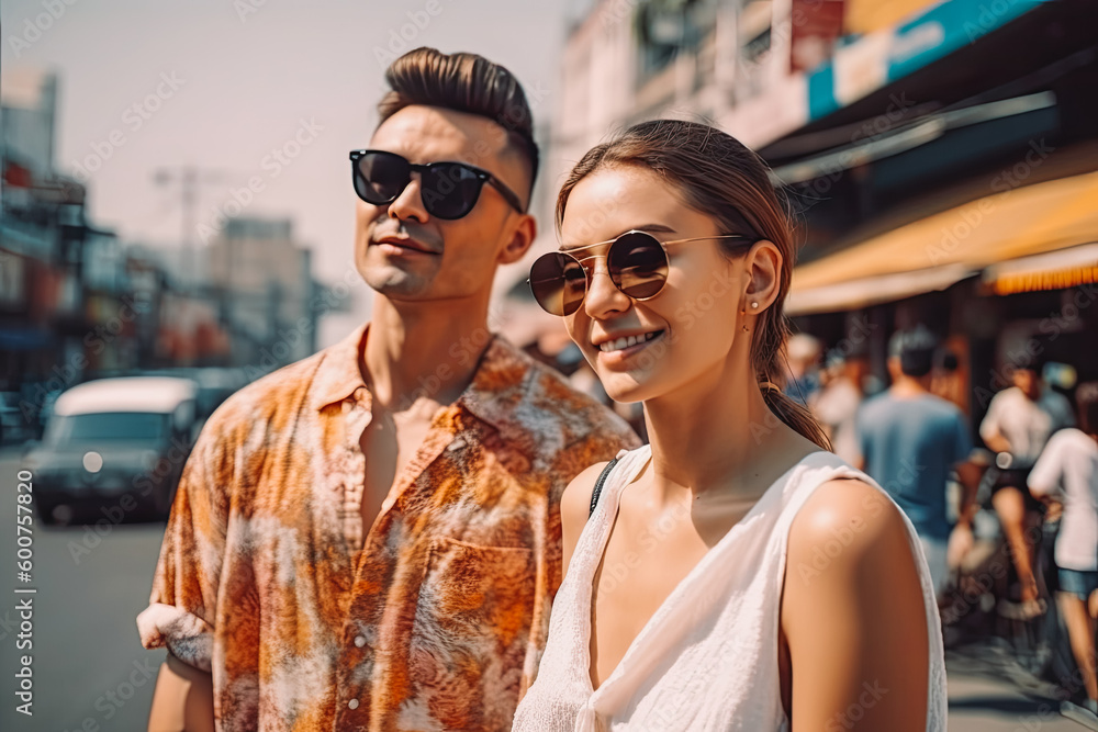 Bangkok travel destination. Tourist couple in sunny city beautiful urban landscape view. Generative AI. Bangkok travel destination. Tourist couple in sunny city beautiful urban landscape view. Generative AI.