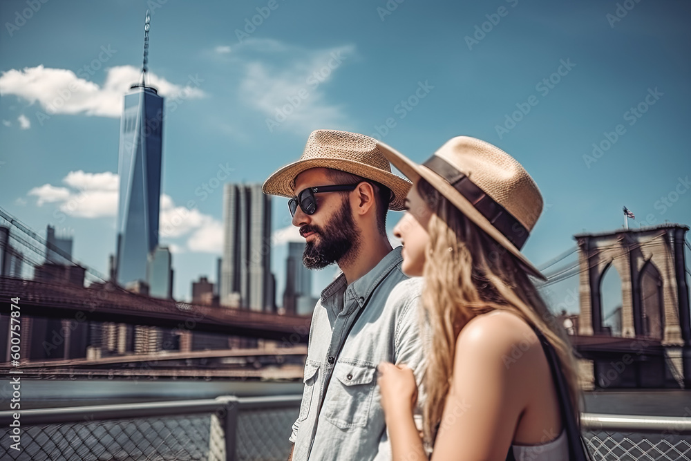 Naklejka premium New Your city travel destination. Tourist couple in sunny city beautiful urban landscape view. Generative AI.