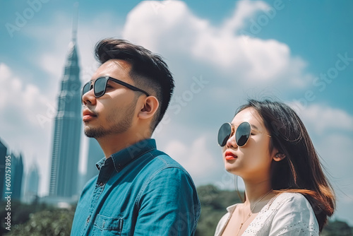 Kuala Lampur travel destination. Tourist couple in sunny city beautiful urban landscape view. Generative AI. photo