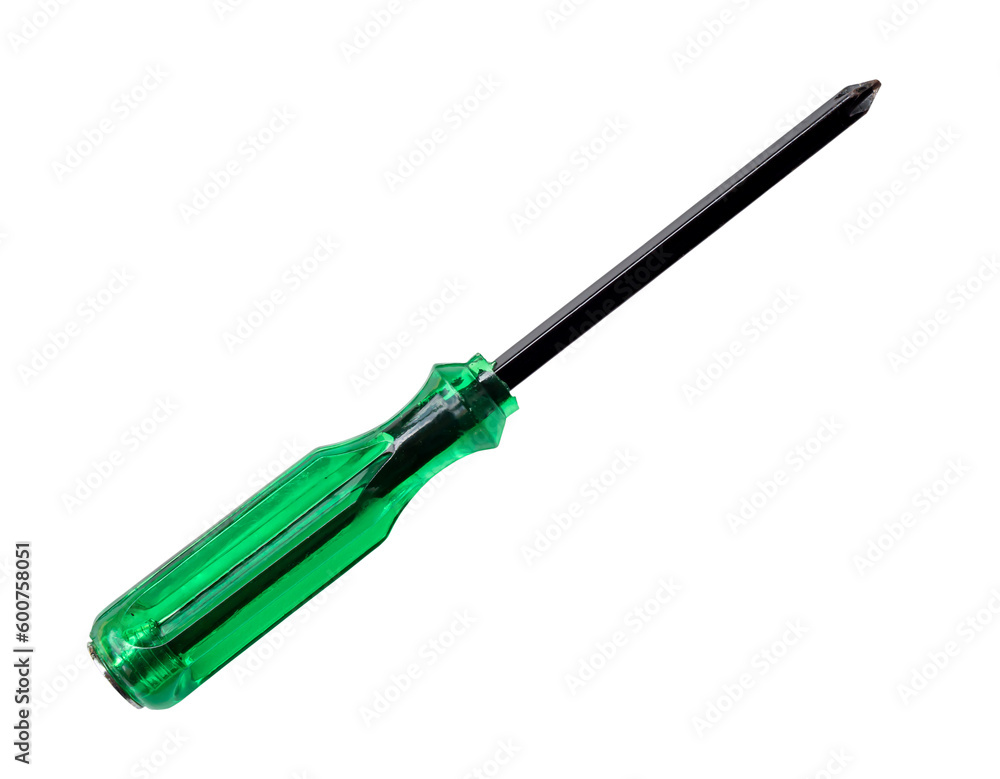 Fototapeta premium Black screwdriver with green handle isolated on white background with clipping path