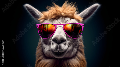 Portrait lustiges Lama tr  gt eine Sonnenbrille. Generative AI
