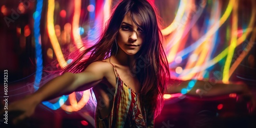 Beautiful young women dancing in night club, fictional person made with generative ai photo