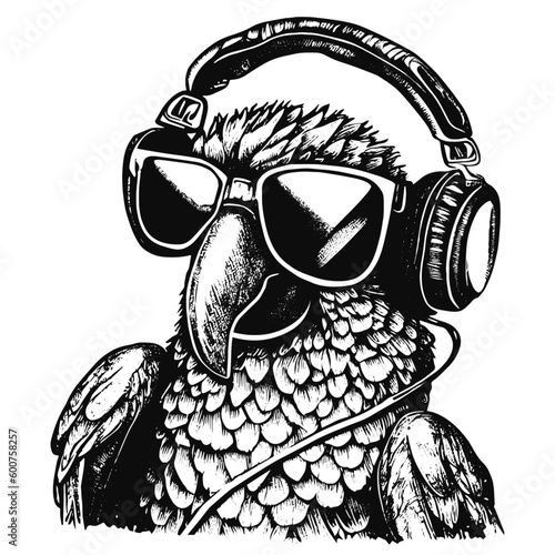 cool parrot wearing sunglasses and headphones illustration, summer time