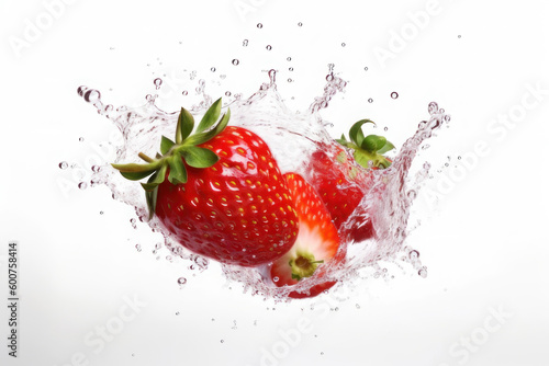 Strawberries and splashes of water on a white background. AI generative.
