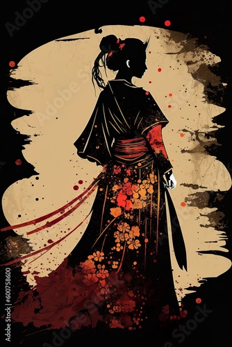 Lone geisha samurai girl illustration, Generative AI