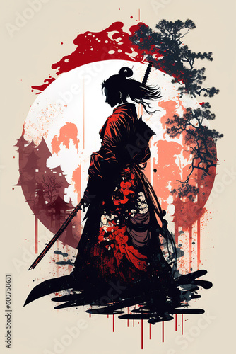 Lone geisha samurai illustration, Generative AI