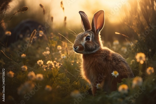 A charming bunny amidst blooming meadow in a radiant sunrise. An artistic portrayal. Generative AI
