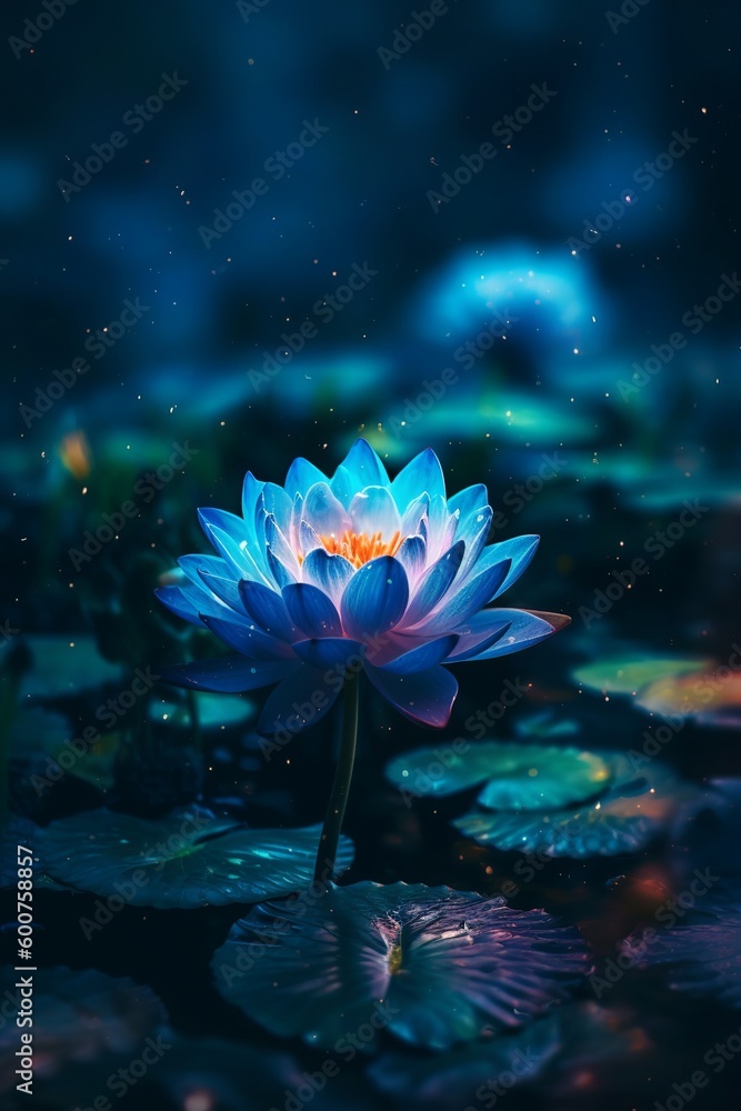 Blue lotus flower shining on the water, Generative AI
