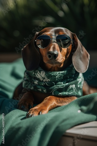 Super cute dachshund sunbathing and wearing sunglasses, Generative AI © AIExplosion