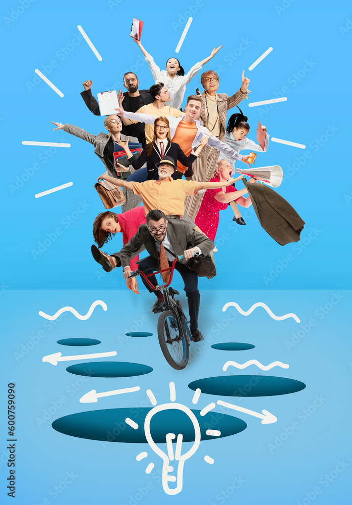 Creative group. Team, employees riding bike together over blue background. Ideas, brainstorming, imagination. Contemporary art collage. Business, office, career development, success and gorwth concept - obrazy, fototapety, plakaty 