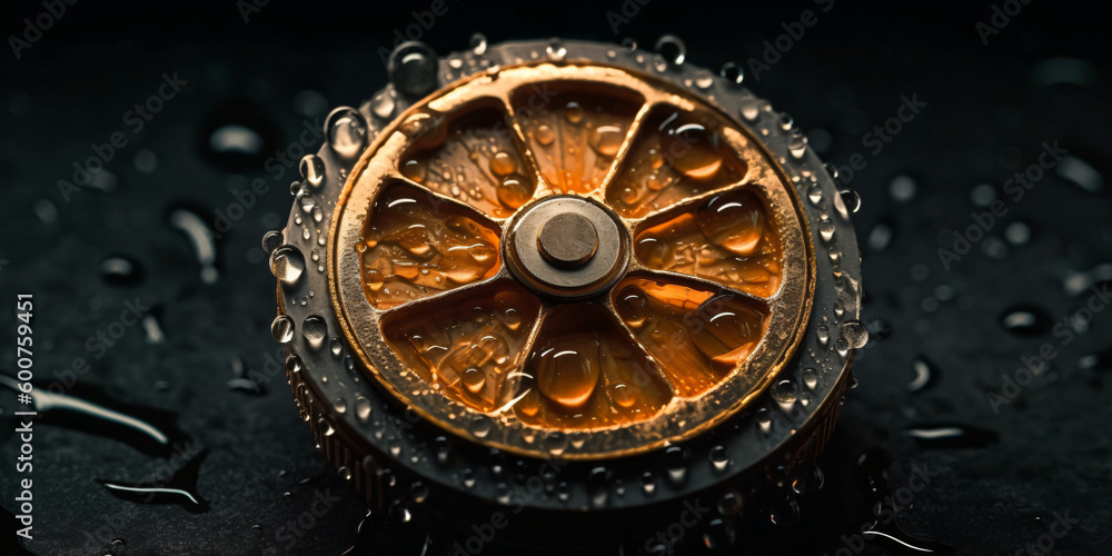 A slice of orange being part of a gear wheel, splashed with water droplets. Clockwork Orange. Created using Generative AI technology.