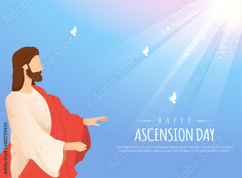 Happy Ascension Day Design with Jesus Christ in Heaven Vector Illustration.  Illustration of resurrection Jesus Christ. Sacrifice of Messiah for humanity redemption. 