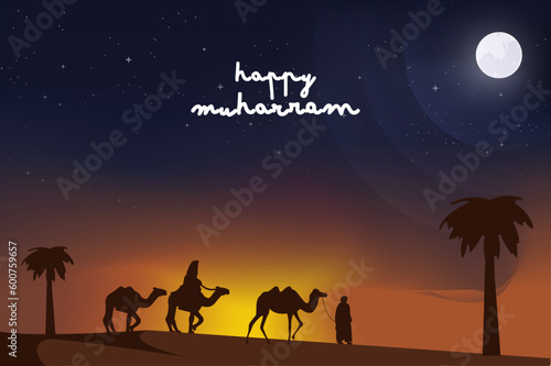 Translation: Happy Islamic New Yea .Islamic Greeting Card Concept with Arabic Lantern Design Vector Illustration. Happy New Hijri Year with Calligraphy  Template. Happy Muharram Poster.Ashura Day