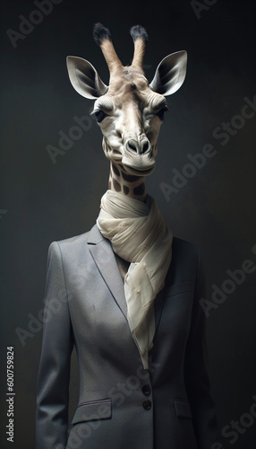 giraffe in a suit as a businessman in black and white, generative ai