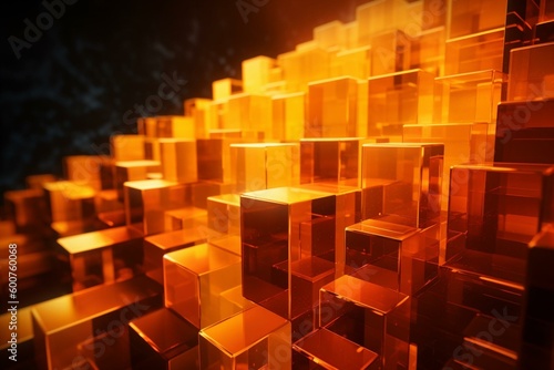 Translucent blocks in orange and yellow for a tech wallpaper in precise arrangement. 3D render. Generative AI