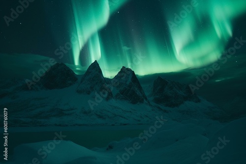 Mesmerizing Northern Lights dance above serene wintry mountains, a breathtaking panoramic view. Generative AI © Sia