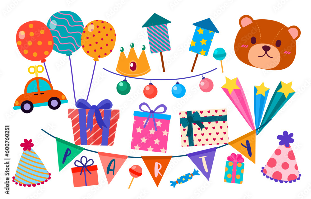 collection of party element with lovely items vector collection of party element with lovely items vector
