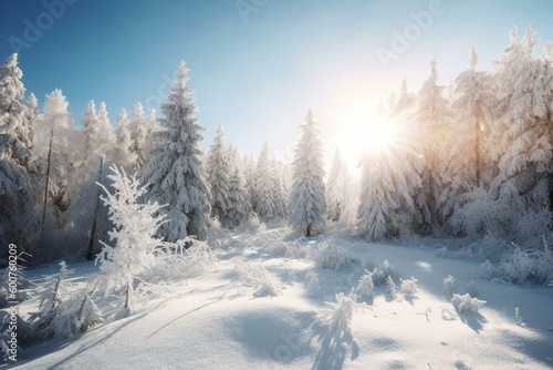 Winter landscape with snow covered trees. Merry Christmas and Happy New Year greeting background with space for text. Generative AI