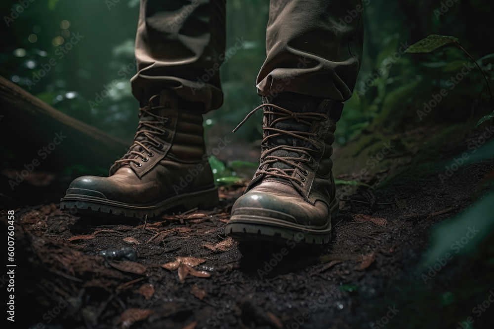 Hiking boots on a trail in the forest. hiking concept. AI generative, IA generativa. Hiking boots on a trail in the forest. hiking concept. AI generative, IA generativa.