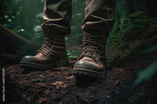 Hiking boots on a trail in the forest. hiking concept. AI generative, IA generativa.