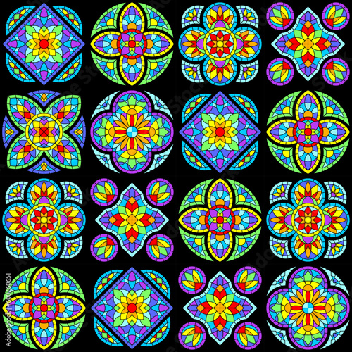 Seamless pattern with stained-glass window in gothic style. Medieval mosaic tile texture.