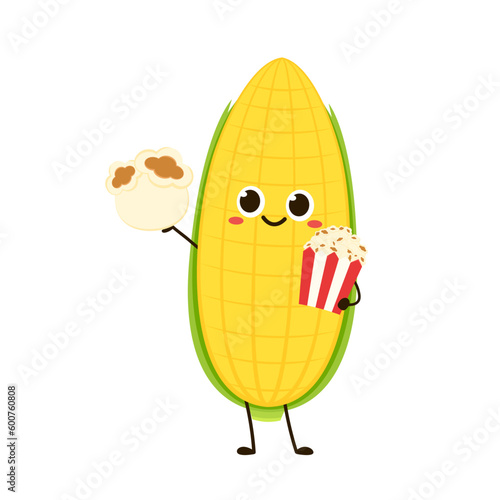 Corn and popcorn cartoon. Vector mascot, cartoon and illustration of a corn holding popcorn. Character design.