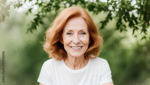 Portrait of elder woman with short, red hair. Green blurry background with copy space. Generative AI.