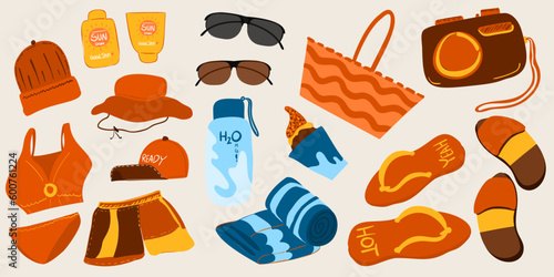Summer and beach clip art set with cute illustrations for kids poster holiday vacation. Hand drawn of Sunglasses Sunscreen Hat cap towel Swimwear Bikini Short Pants Ice cream Water Flip flop sandals
