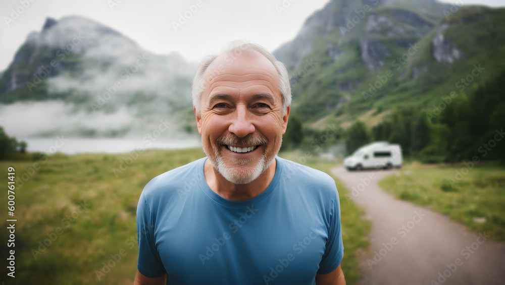 Portrait of adult male with silver hair and beard. Blurred mountain background with mockup. Generative AI.